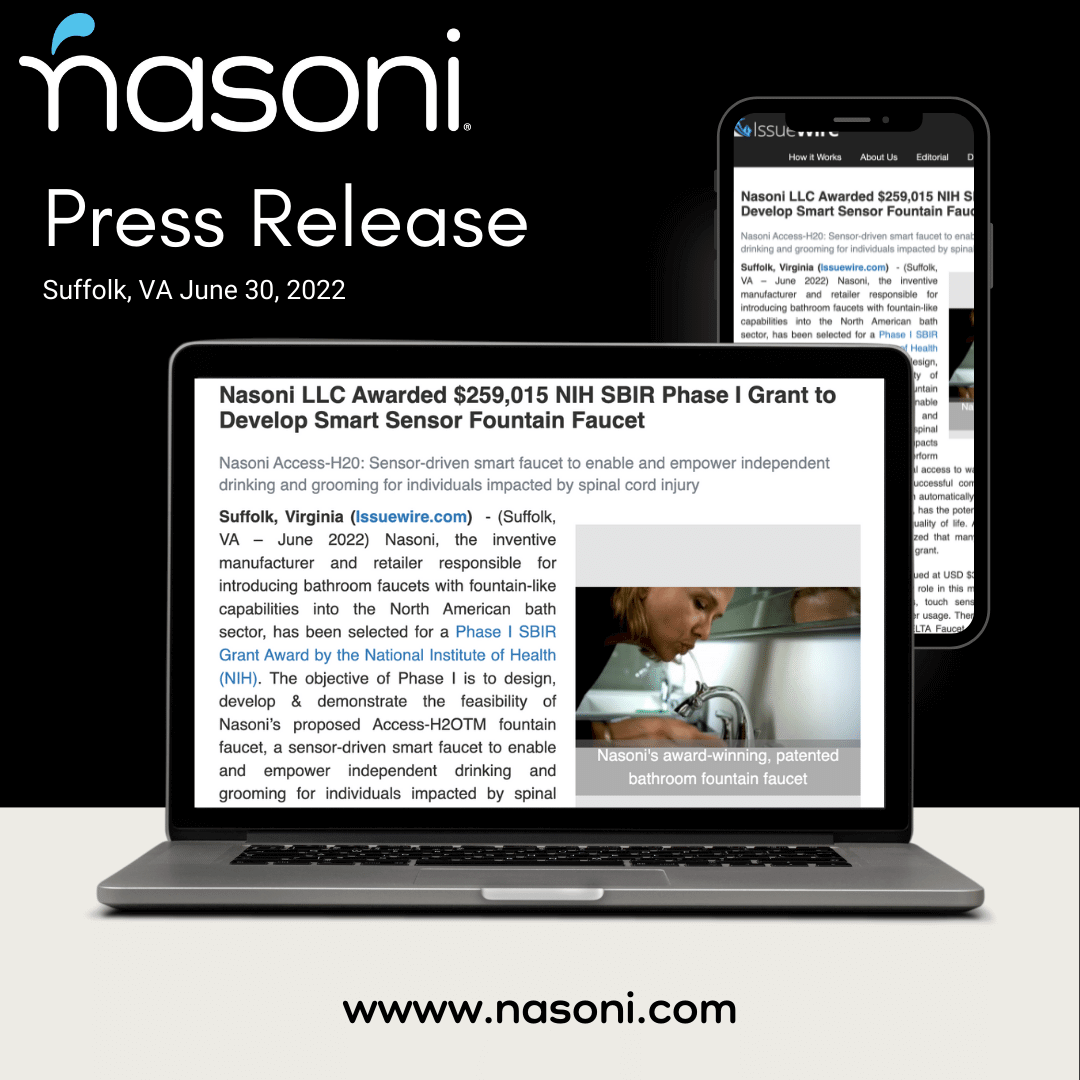 Nasoni Press Release for NIH SBIR Grant for Smart Bathroom Fountain Faucet