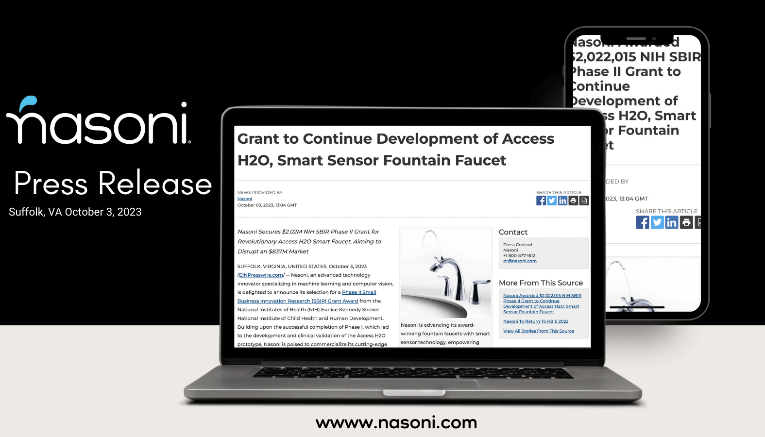 Nasoni Awarded $2,022,015 NIH SBIR Phase II Grant to Continue Development of Access H2O, Smart Sensor Fountain Faucet