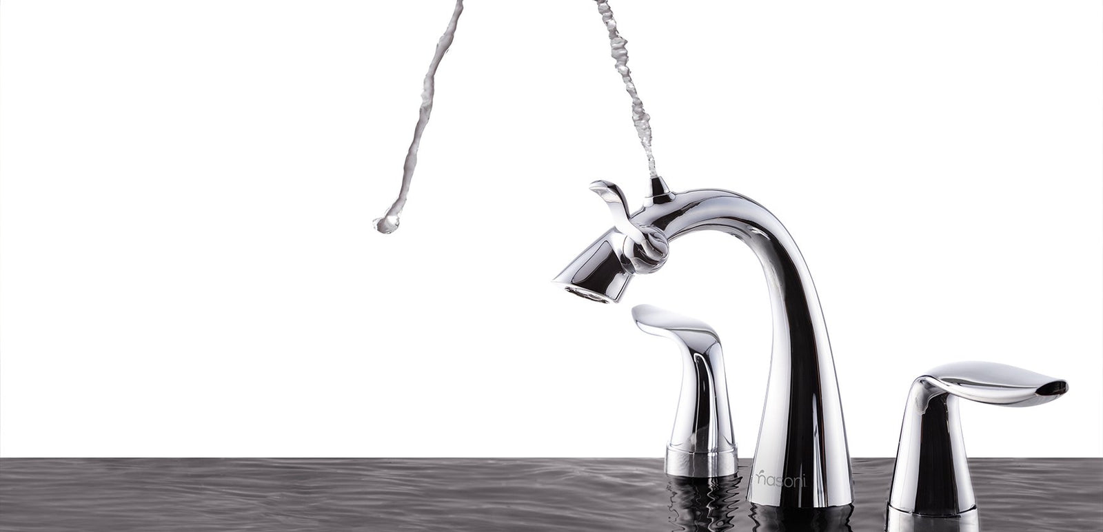 Polished Chrome Nasoni Widespread Faucet with fountain in use