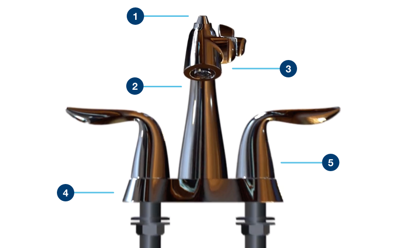 Polished Chrome Nasoni Centerset Fountain Faucet front view with callouts