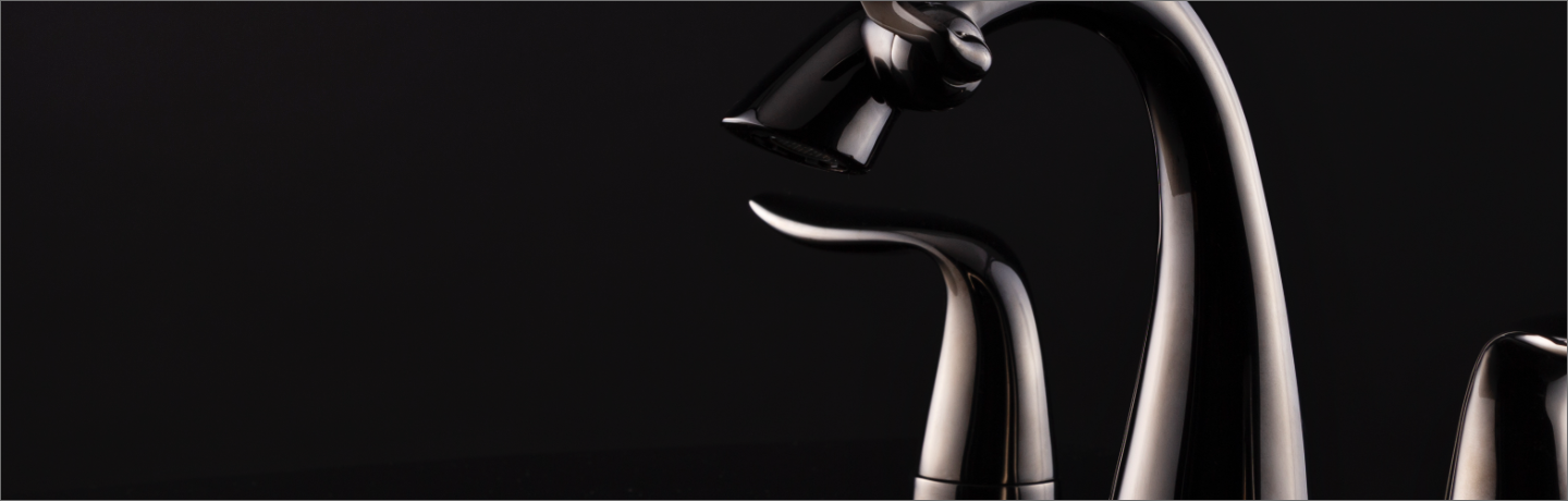 Closeup photo of Brushed Nickel Nasoni Widespread Faucet on Black Background