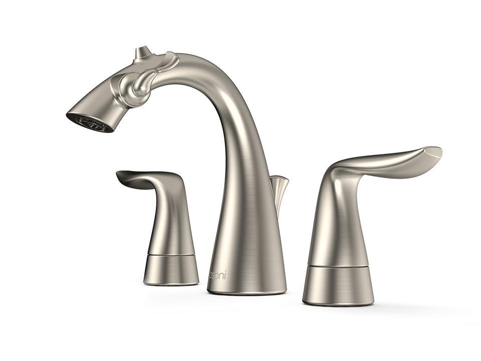Front Angle View of Brushed Nickel Nasoni Widespread Fountain Faucet on White Background