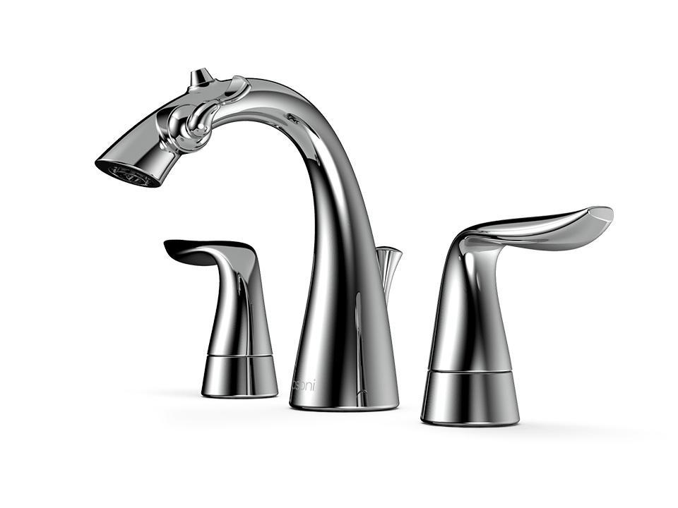 Front Angle View of Polished Chrome Nasoni Widespread Fountain Faucet on White Background