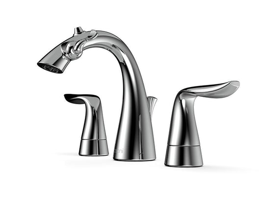 Front Angle View of Polished Chrome Nasoni Widespread Fountain Faucet on White Background